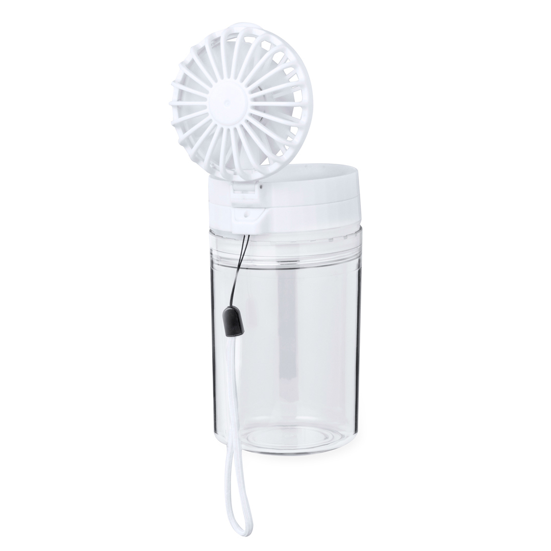 Pratica borraccia con ventilatore, realizzata in Tritan e con una capacità di 350 ml. Senza BPA, con coperchio a vite ermetico che include un ventilatore regolabile in 3 livelli di intensità e posizione. Con batteria da 1200 mAh e un coperchio extra per uso separato